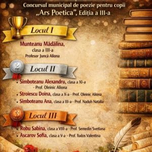 IPLT „Liviu Rebreanu” are deosebita onoare de a anunța rezultatele Concursului Municipal de Poezie pentru Copii „Ars Poetica”, ediția a III-a